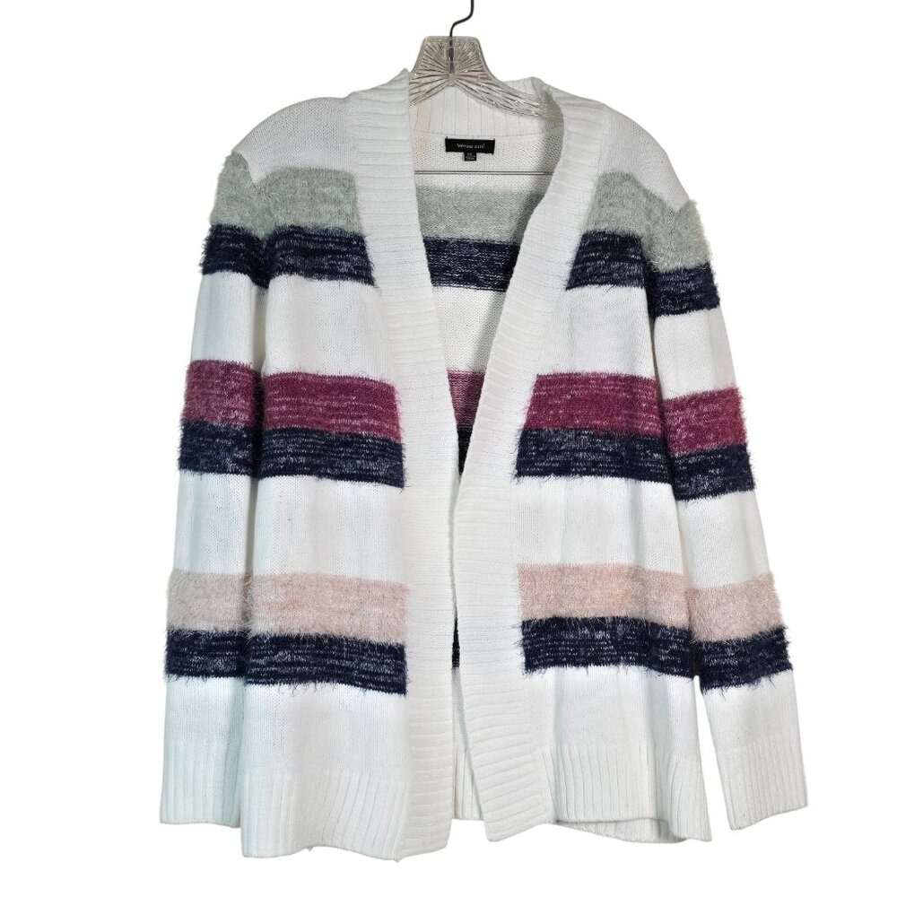Verve Ami Open Cardigan Sweater Womens Extra Large Striped Fuzzy Knit Cozy Boho
